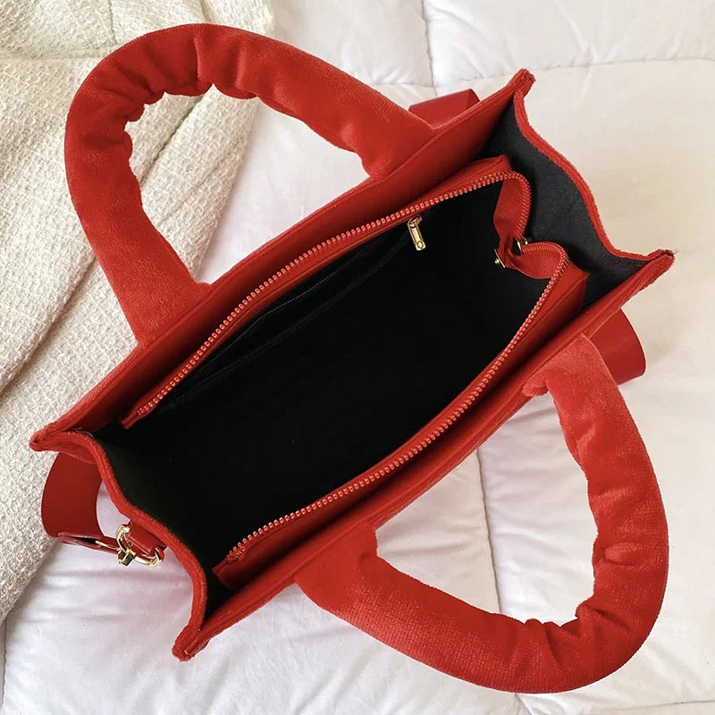 Women'S Velour Red Tote Bag Original Letter Print Medium Ladies Leisure Shopper Handbag Female Square Stylish Soft Shoulder Bags