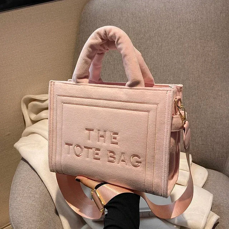 Women'S Velour Red Tote Bag Original Letter Print Medium Ladies Leisure Shopper Handbag Female Square Stylish Soft Shoulder Bags