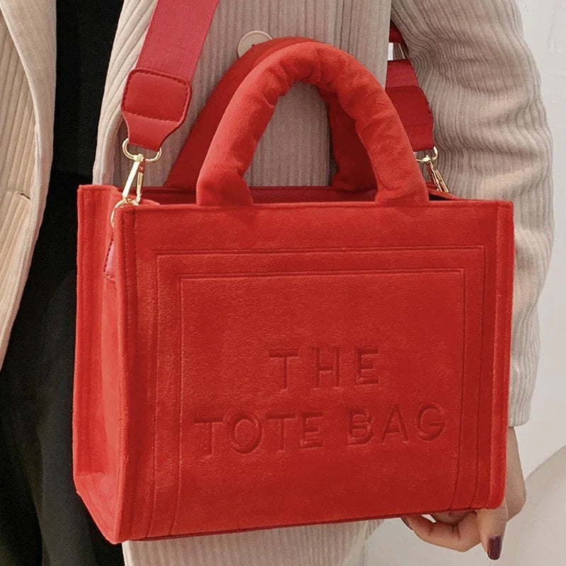 Women'S Velour Red Tote Bag Original Letter Print Medium Ladies Leisure Shopper Handbag Female Square Stylish Soft Shoulder Bags