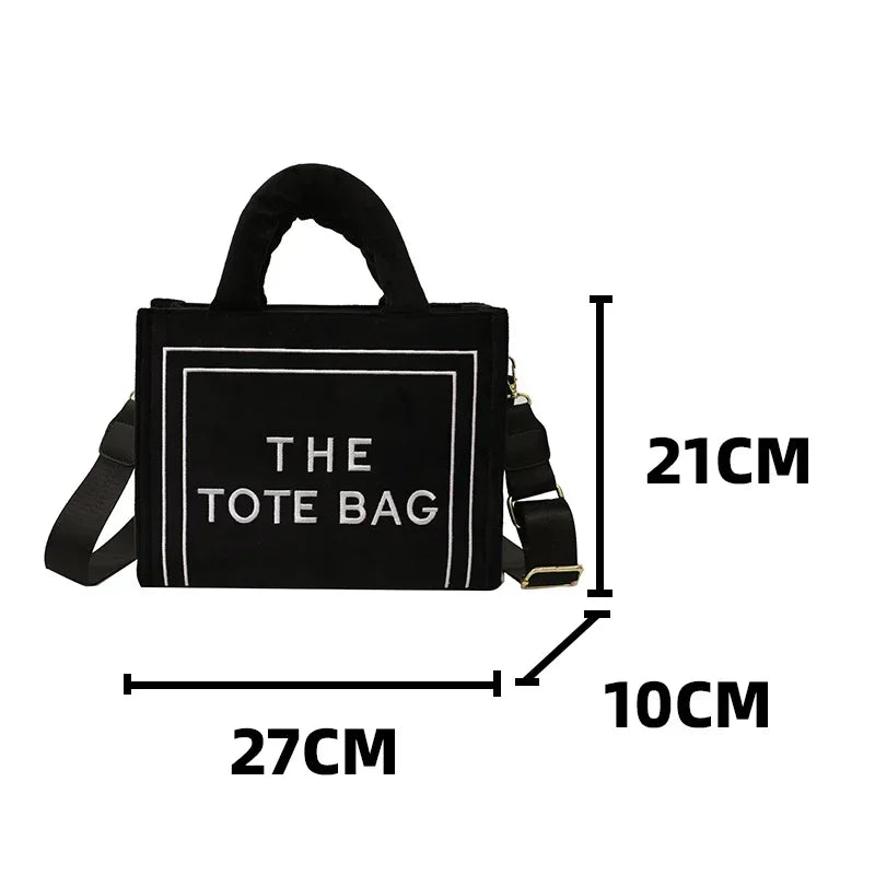 Women'S Black Velour Should Bag Elegant Top Handle Square Ladies Branded Tote Handbag Letter Print Medium Female Crossbody Bags