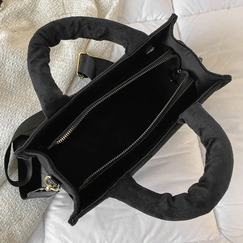Women'S Black Velour Should Bag Elegant Top Handle Square Ladies Branded Tote Handbag Letter Print Medium Female Crossbody Bags