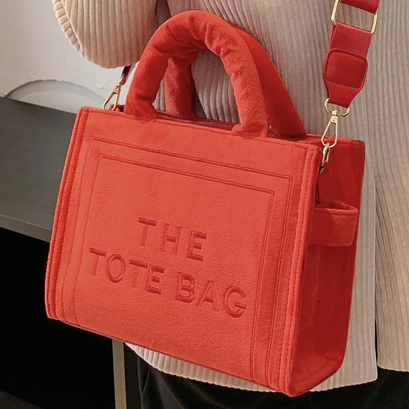 Women'S Velour Red Tote Bag Original Letter Print Medium Ladies Leisure Shopper Handbag Female Square Stylish Soft Shoulder Bags