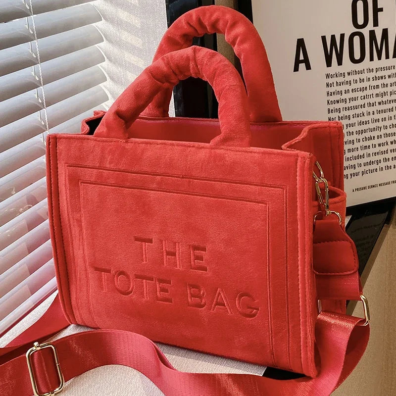 Women'S Velour Red Tote Bag Original Letter Print Medium Ladies Leisure Shopper Handbag Female Square Stylish Soft Shoulder Bags