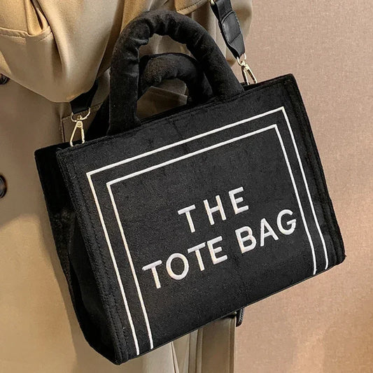 Women'S Black Velour Should Bag Elegant Top Handle Square Ladies Branded Tote Handbag Letter Print Medium Female Crossbody Bags