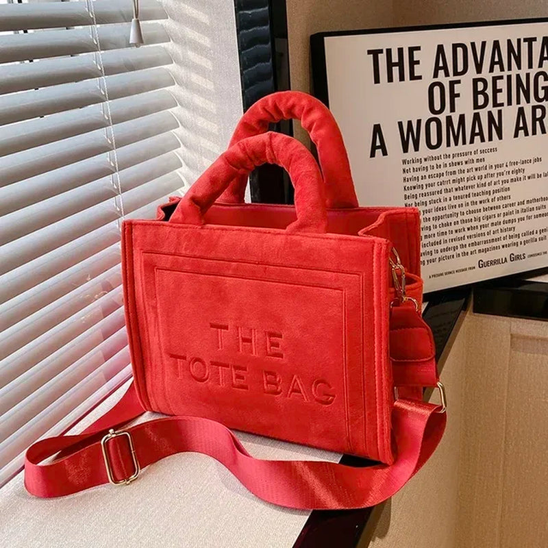 Women'S Velour Red Tote Bag Original Letter Print Medium Ladies Leisure Shopper Handbag Female Square Stylish Soft Shoulder Bags